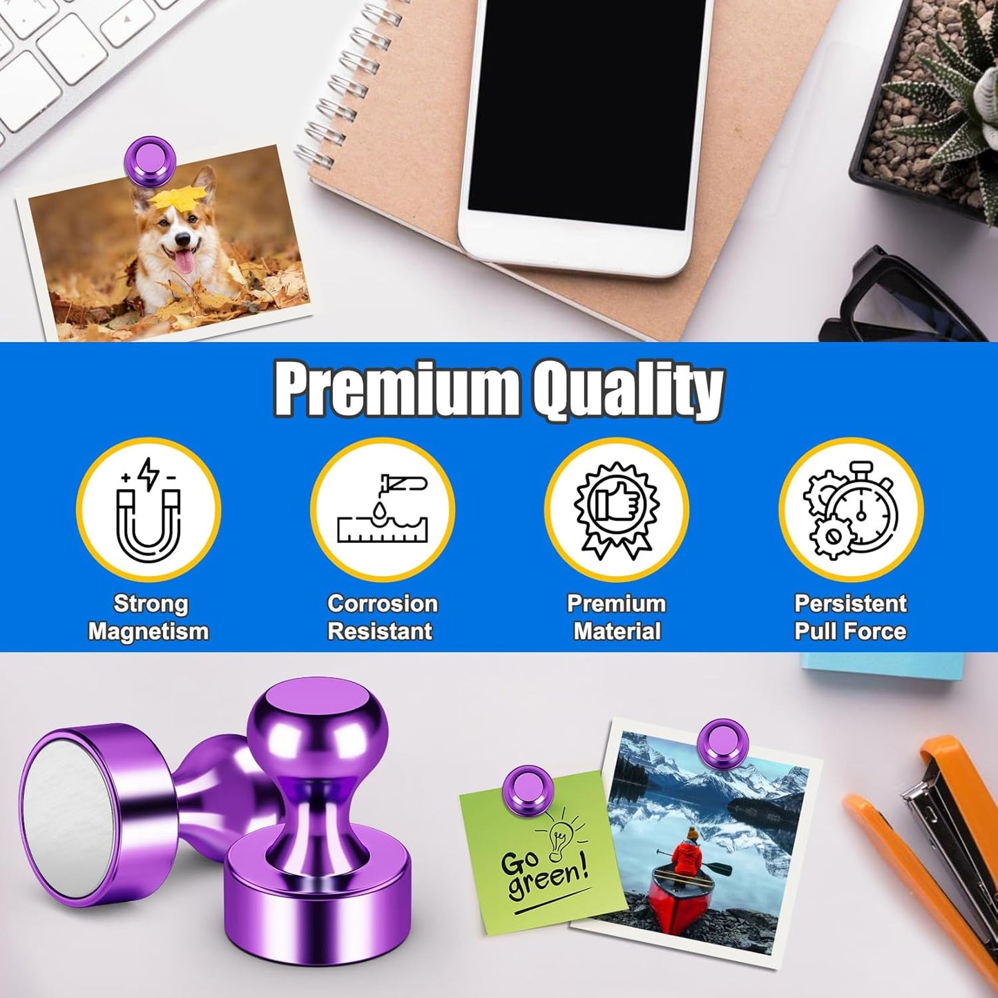 Strong Whiteboard Magnets, Purple Metal Fridge Magnets for Crafts, Cute Magnetic Push Pins for Office, Kitchen, Classroom, Refrigerator, Desk, Wall, Bulletin Board Pack of 120