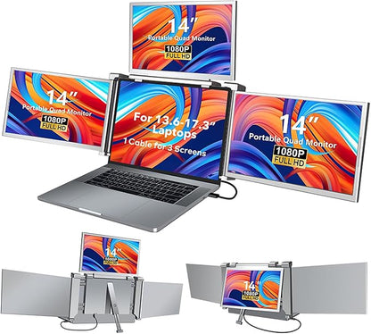 MNN 14 Inch Laptop Screen Extender,FHD 1080P IPS Portable Quad Monitor for 13.6-17.3" Laptops Foldable Monitor，One Cable for Three Displays, Extender Compatible with Wins/Mac(M1 M2 M3)