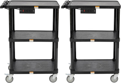 Pearington 3-Shelf Mobile Utility Cart with 3 Outlets and 8' Cord, Heavy-Duty Service Cart for Offices and Warehouses with 3 Shelves, Black, 2 Pack