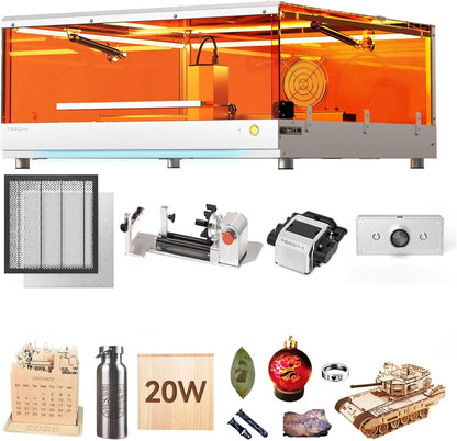 TOOCAA 20w Laser Engraver with 5 in 1 Rotary Roller Set, Smart Camera,Air Assist,Honeycomb Panel, 22" x 22" Bed Size,Safe Laser Engraving Cutting Machine Expert for Metal Tumblers Wood Acrylic