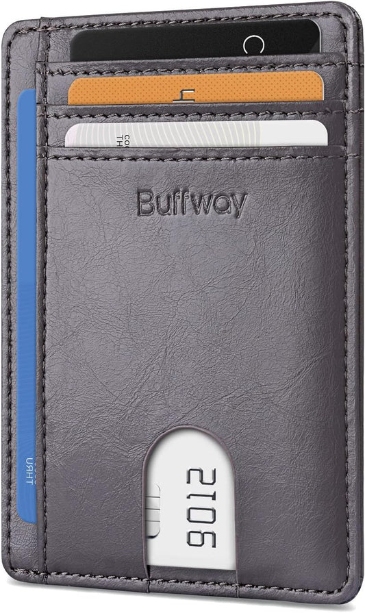 Buffway Slim Minimalist Front Pocket RFID Blocking Leather Wallets for Men and Women - Alaska Grey