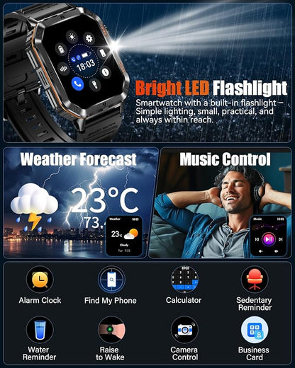 Military Smart Watch for Men, 2.01'' Fitness Tracker with 1200mAh Long Battery Life, Bluetooth Calls, Flashlight, IP68 Waterproof, Heart Rate/Sleep Tracking, 100+ Sports Modes for Android iPhone