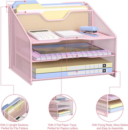 samstar Pink Desk File Organizer, Mesh Letter File Folder Holder with 3 Paper Trays and 2 Vertical Upright Section, for Office Supplies, Desk Accessories & Workspace, Pink