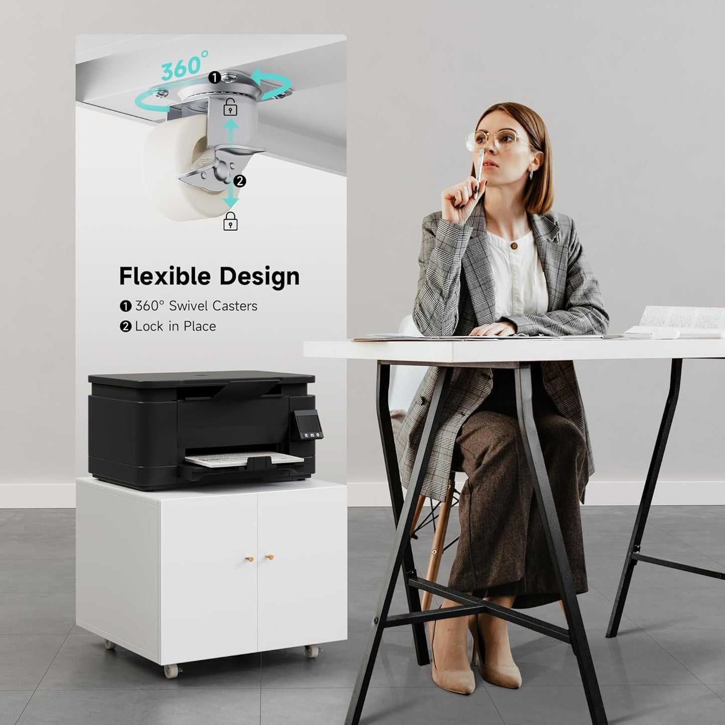 Warmiehomy Metal Printer Stand, 24x24x18'' Printer Cabinet with Storage, Mobile Printer Table with Wheels, Desk for Small Spaces with Door, Adjustable File Cabinet for Home Office (White)