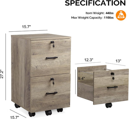 VINGLI 2 Drawer File Cabinet with Lock, Wood Rustic Gray Filing Cabinet for Letter Size File Folders with Tabs, Under Desk Rolling File Cabinets for Home Office, Mobile File Organization Printer Stand