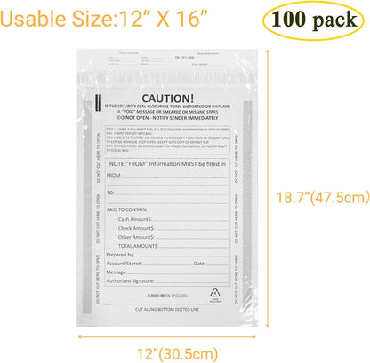 12 x 16 Inch Deposit Bags Security Pocket Bank Deposit Envelopes (White, 100 Pack)