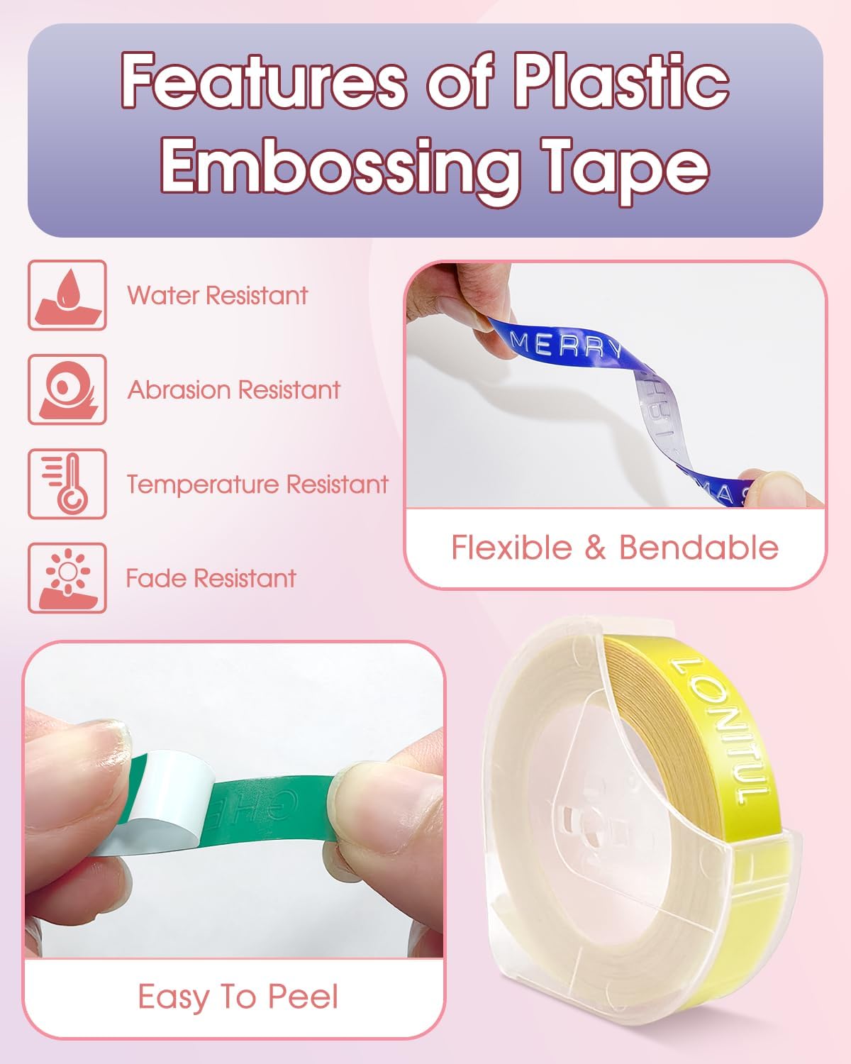 6-Pack Plastic Embossing Tape 9mm Compatible for Dymo 3D Embossing Label Tape 3/8 Inch x 9.8 Feet, White on Black/Blue/Green/Pink/Light Yellow/Champagne Gold for Dymo Organizer Xpress Pro