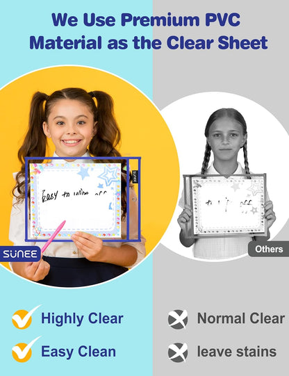 SUNEE 35 Packs Oversized Reusable Dry Erase Pocket Sleeves with 2 Rings, 10 Assorted Colors 10x14 Ticket Holders, Clear Plastic Sheet Protectors, Teacher School Classroom Supplies