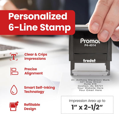 Promot Self Inking Stamp - Extra Large Custom Stamp for Name, Address, Office, or Business Use - Up to 6-Line Personalized Rubber Stamp - Customizable Font & Ink Color - Personalized Name Stamp