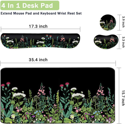 Keyboard Mouse Pad Set, Extended Mouse Pad+Keyboard Wrist Rest Support, Memory Foam Ergonomic Easy Typing, 3Pcs (35.4×15.7 in) Desk Pad Set for Home Office Study Game - Weeds