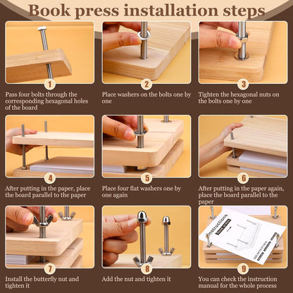 JUPEAN 34 Pcs Book Binding Kits, Book Press(11.81”x7.56”), Books Making Kit with Bone Folder Bookbinding Needles Waxed Threads Books Binding Awl, Bookbinding Tools for Beginners