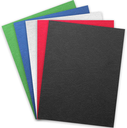 Binditek 100 Pack 13Mil Grain Texture Paper Binding Presentation Covers, 8-1/2 x 11 Inches 90lb, 250 GSM, Un-Punched, 5 Multi Colors (Black, White, Red, Green, Blue)