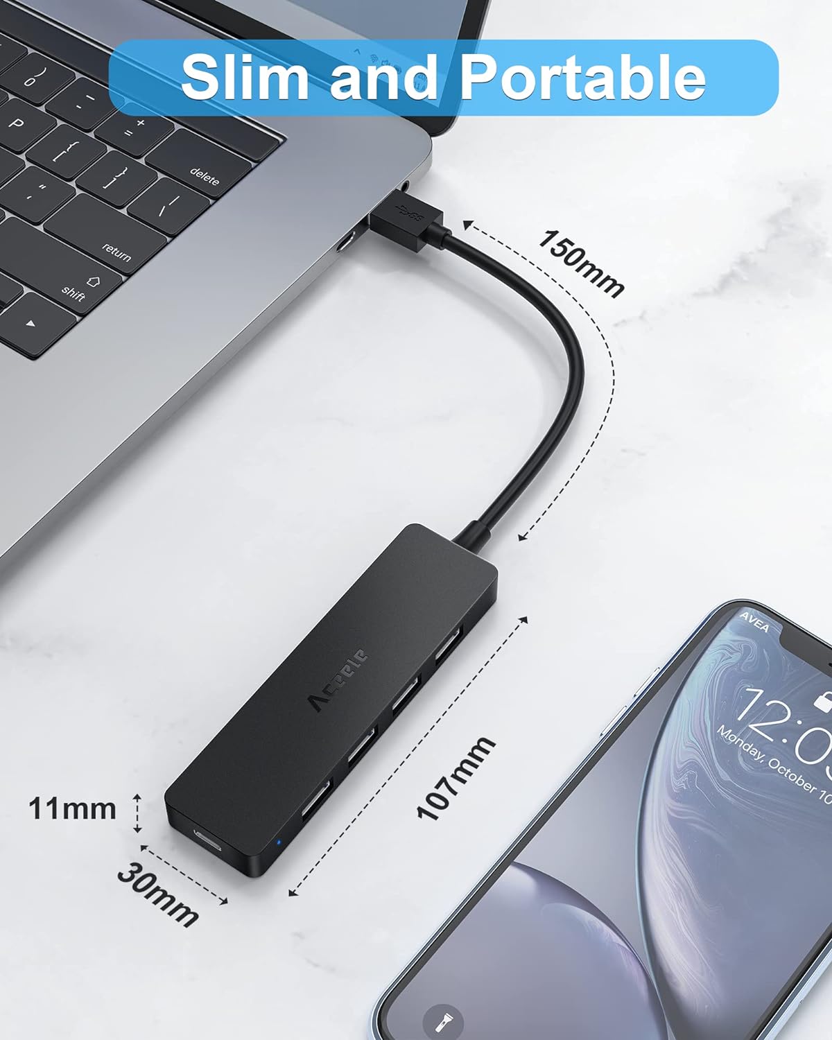 Aceele 4-Port USB 3.0 Hub, Ultra-Slim USB Hub with USB-C Powered Port[Charging/Monitor Not Supported], USB Port for MacBook, Mac Pro, iMac, Mac Mini, XPS, PC, Laptop, Flash Drive, Mobile HDD