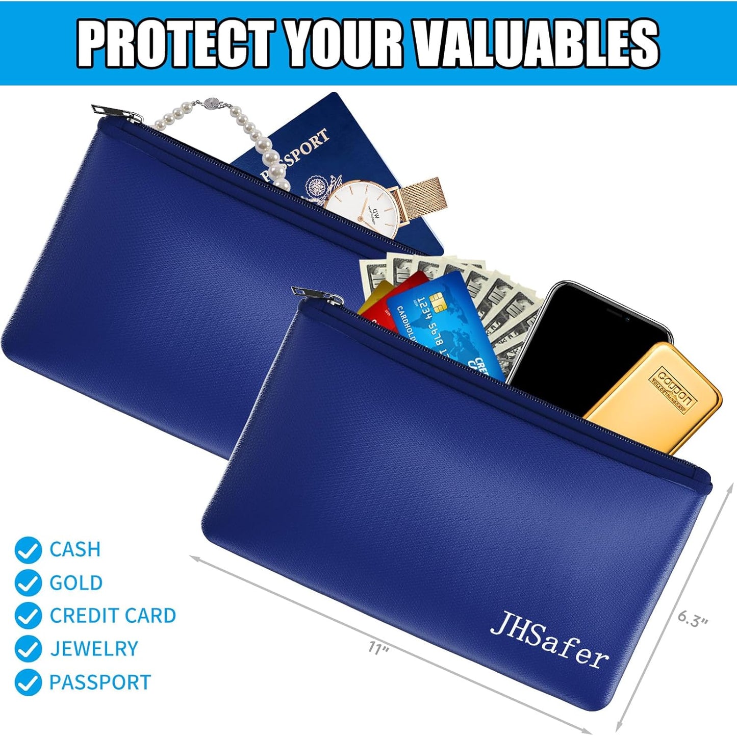 6400℉ Fireproof and Waterproof Money Bags 2pcs with Zipper,11''x6.3'' Fireproof Cash Bag with Zipper,Fireproof Wallet Envelope Safe Pouch Fireproof Bags for Cash Passports Keys Jewellery (Blue)