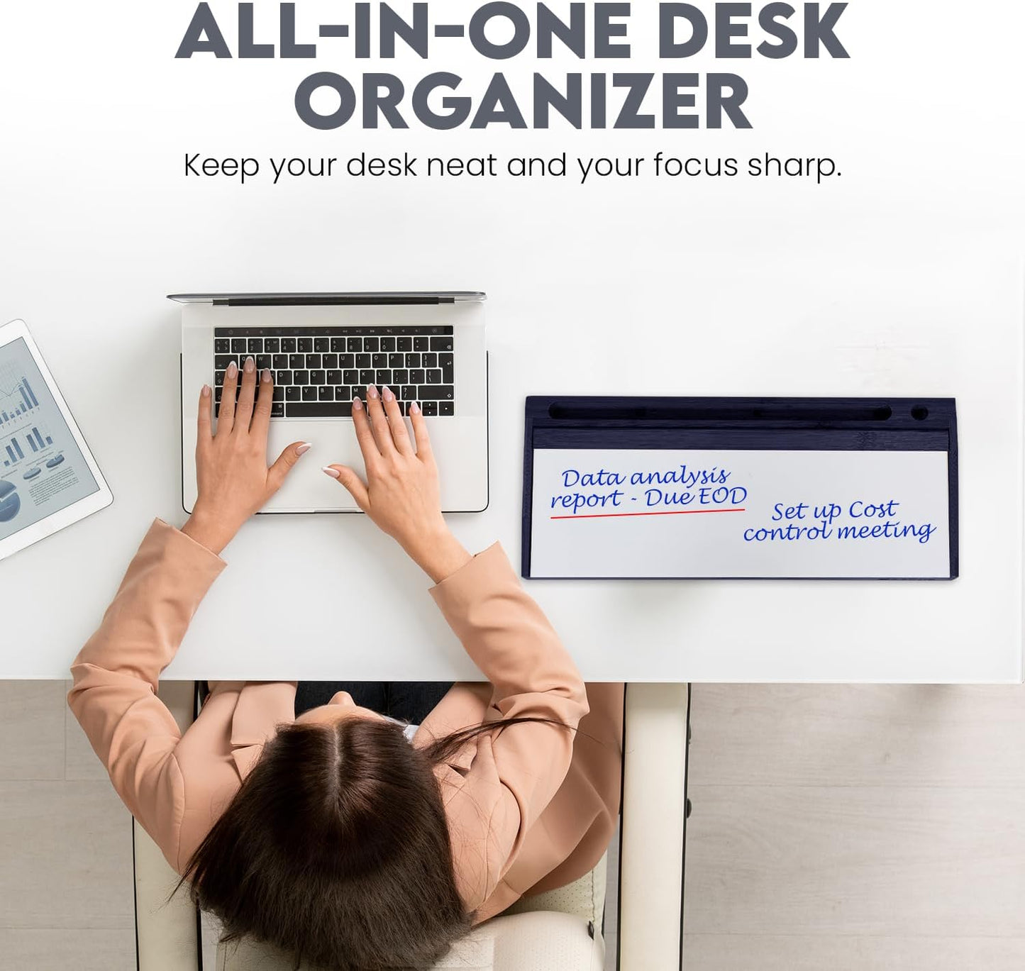 Dry Erase Desk Organizer - 16.2"x6.7"x2" with 3 Markers and 1 Eraser, KAHJIN Black Bamboo Desktop Dry Erase Board - Aesthetic Small Whiteboard for Desk Accessories at Home, Office, Cubicle, or School