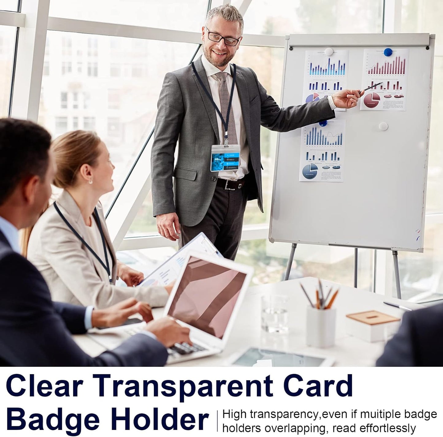 Marspark 100 Sets Clear Name Tags with Lanyard, Lanyards for ID Badges Reusable Strap with ID Holder Plastic Name Badges for Adults Business School Church Conference (Dark Blue)