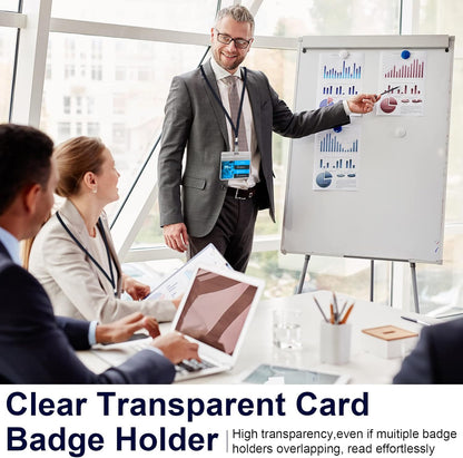 Marspark 100 Sets Clear Name Tags with Lanyard, Lanyards for ID Badges Reusable Strap with ID Holder Plastic Name Badges for Adults Business School Church Conference (Dark Blue)