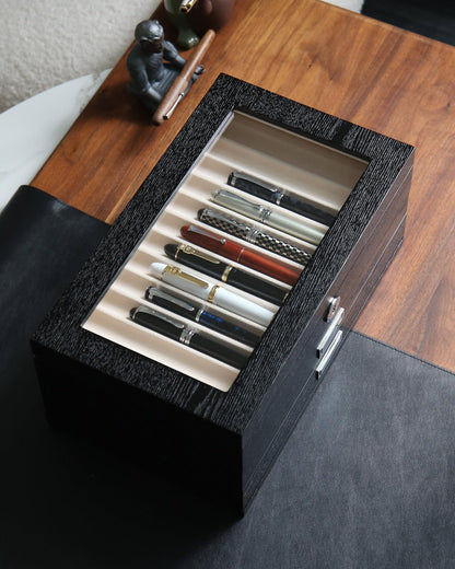 Pen Display Case with 36 Pen Slots, Fountain Pen Case, Wood Pen Storage Organizer, Pen Box Display for Men Gift, Pen Collector with Glass Window(Black ash Veneer Finish, Creamy-White Velvet)