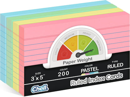 Chell Extra Heavyweight Index Cards 3x5 Inch, No Bleed-Through, 200 Count, Ruled Front and Blank Back, 80 lb. Cover Weight, Pastel Colors