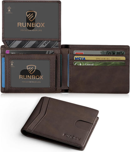 RUNBOX Wallet for Men Slim Rfid Leather 2 ID Window With Gift Box