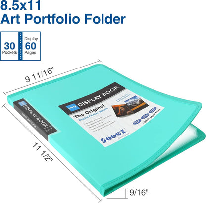 Sooez 30-Pocket Binder with Plastic Sleeves 8.5x11 (Aqua), Heavy Duty Art Portfolio Folder with Clear Sheet Protectors, Display 60 Pages, Presentation Book for Artwork, Document Organizer Binder