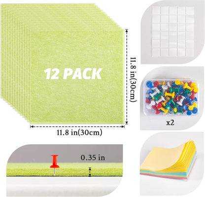 Large Cork Board Alternative, 12 Pack Felt Board with Safe Removable Adhesive Tabs Felt Wall Tiles, Large Cork Boards for Walls, Cork Board for Home Office, Pin Boards for Walls, Green