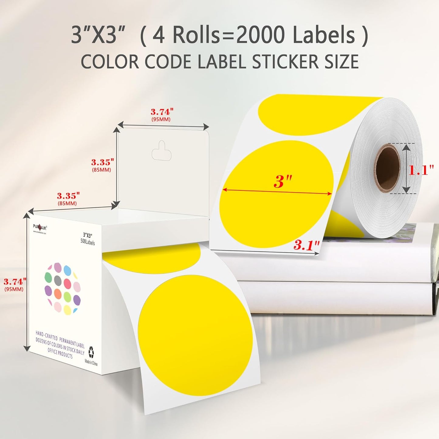 PARLAIM 3" Diameter Round Yellow Color Coding Sticker, 4 Rolls 2000PCS Circle Dot Label,Permanent for Inventory Box Labeling