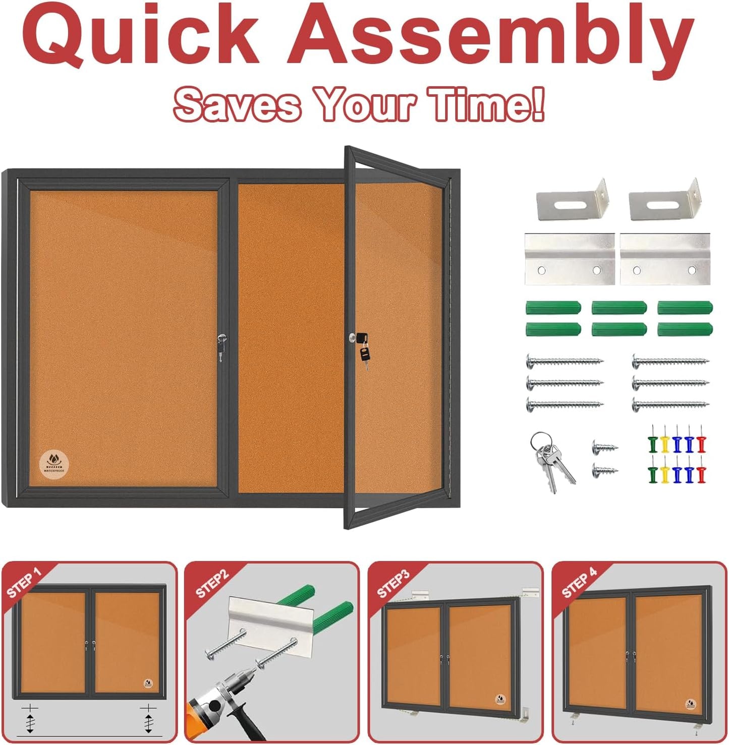 Lockable Outdoor Enclosed Bulletin Board,Weatherproof Cork Noticeboard with Locking Door, Wall-Mounted Aluminum Frame Display Case for Office, Home, School (Black Frame | Cork Surface, 44x32 inch)