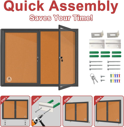 Lockable Outdoor Enclosed Bulletin Board,Weatherproof Cork Noticeboard with Locking Door, Wall-Mounted Aluminum Frame Display Case for Office, Home, School (Black Frame | Cork Surface, 44x32 inch)