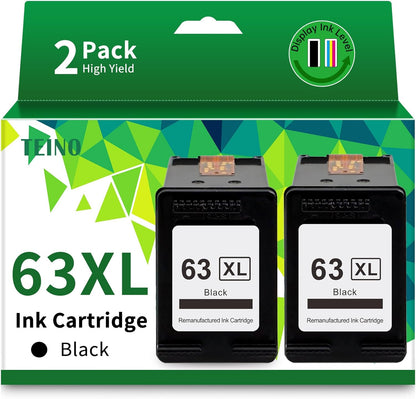 TEINO 63XL 63 Black Ink Cartridge for HP Printers Remanufactured Replacement for HP Ink 63 63XL Ink Cartridge Combo Pack Work with 4520 3830 4650 5200 5255 5258 4512 1112 2132 (2 Black)