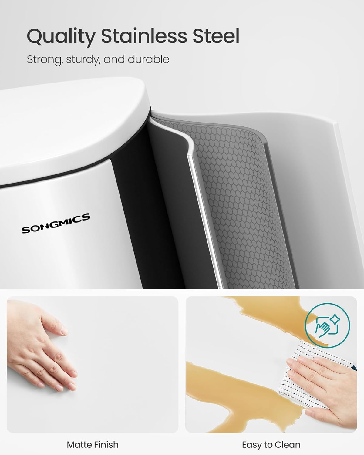 SONGMICS 13 Gallon (50 L) Trash Can, Stainless Steel Kitchen Garbage Can, Recycling or Waste Bin, Soft Close, Step-On Pedal, Removable Inner Bucket, White ULTB050W01