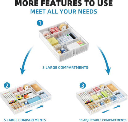 Marbrasse Expandable Desk Drawer Organizer, Mesh Drawer Organizer Tray with 10 Adjustable Compartments, Desk Organizers and Accessories for Office Supplies, Makeup & Vanity (Expandable White-2 pack)