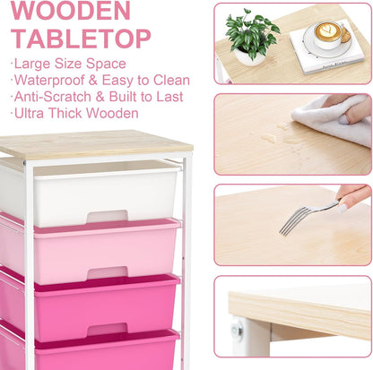 Utility-Rolling-Craft-Storage-Cart-Organizer with 4 Drawers and Wooden Tabletop, 4 Tier Drawer Cart for Home Office, Kid Room, Classroom Teacher, Dorm, Pink