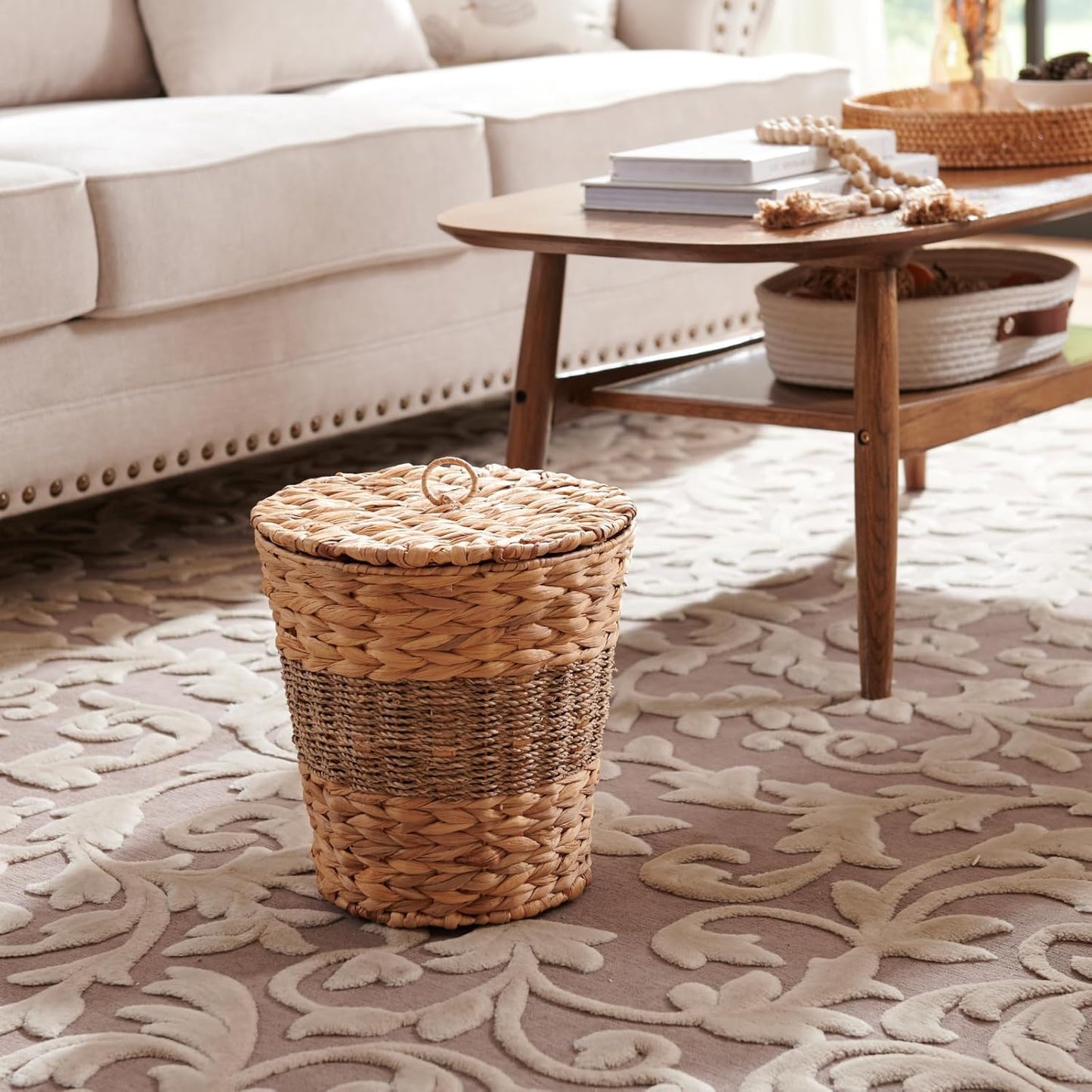 YANGQIHOME Wicker Trash Can with Lid - Water Hyacinth & Seagrass Garbage Can - Handwoven Wicker Waste Basket for Bathroom, Bedroom, Office, Living Room, Laundry Room - 3.8 Gallon