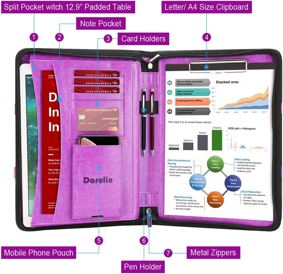 Darolin Zippered Leather Padfolio Portfolio with Hidden Handle and Clipboard, Business Conference Organizer Notepad Folder, Portfolio Bag, Padfolio for Women/Men (Purple)