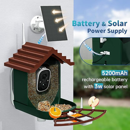 Smart Bird Feeder with Camera Solar Powered & AI Bi rd Identification, 2.4Ghz WiFi Bird feeders for Outdoors, 2K Live Video, Nstant Arrival Alerts - Dark red-Green
