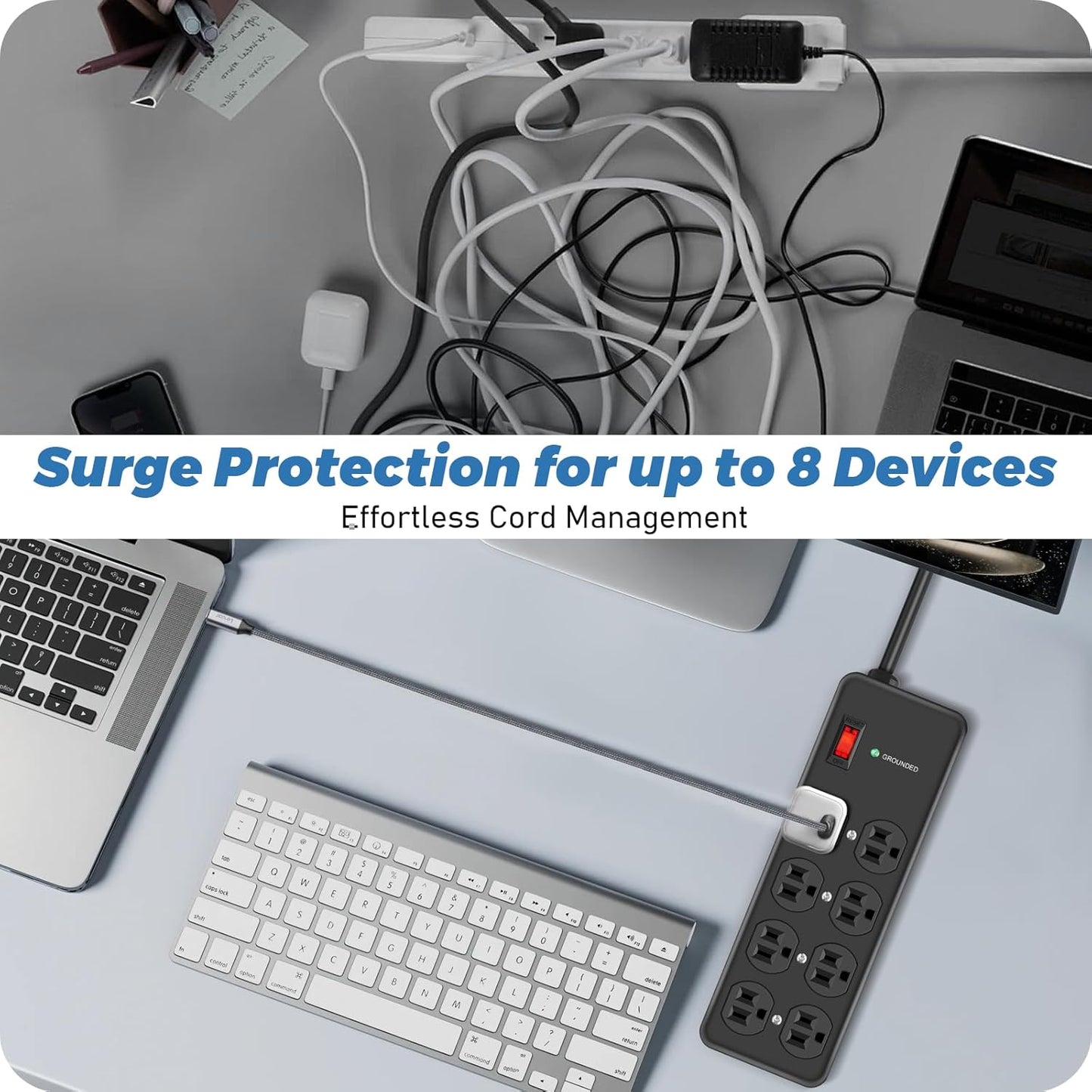 HEZI 8 Outlet Heavy Duty Power Strip, 15Amp Metal Mountable Surge Protector (2700J), Industrial Wall Mount Power Strip for Home, Office, Garage & Workshop, 6FT 14AWG Extension Cord