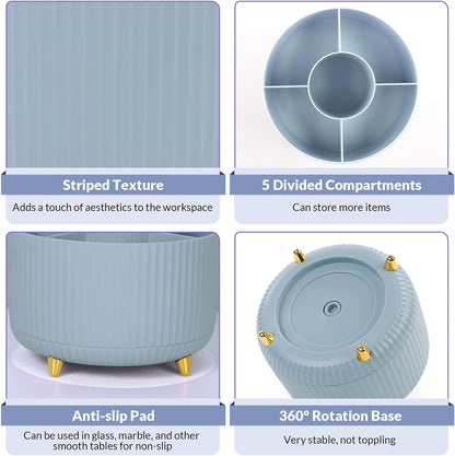 SKYDUE 360 Degree Rotating Desk Organizer, Dual-Purpose Pencil Pen Holder, Rotating Desk Pen Organizer with 5 Slots, Pencil Cup for Office, School, Home (Airy Blue)