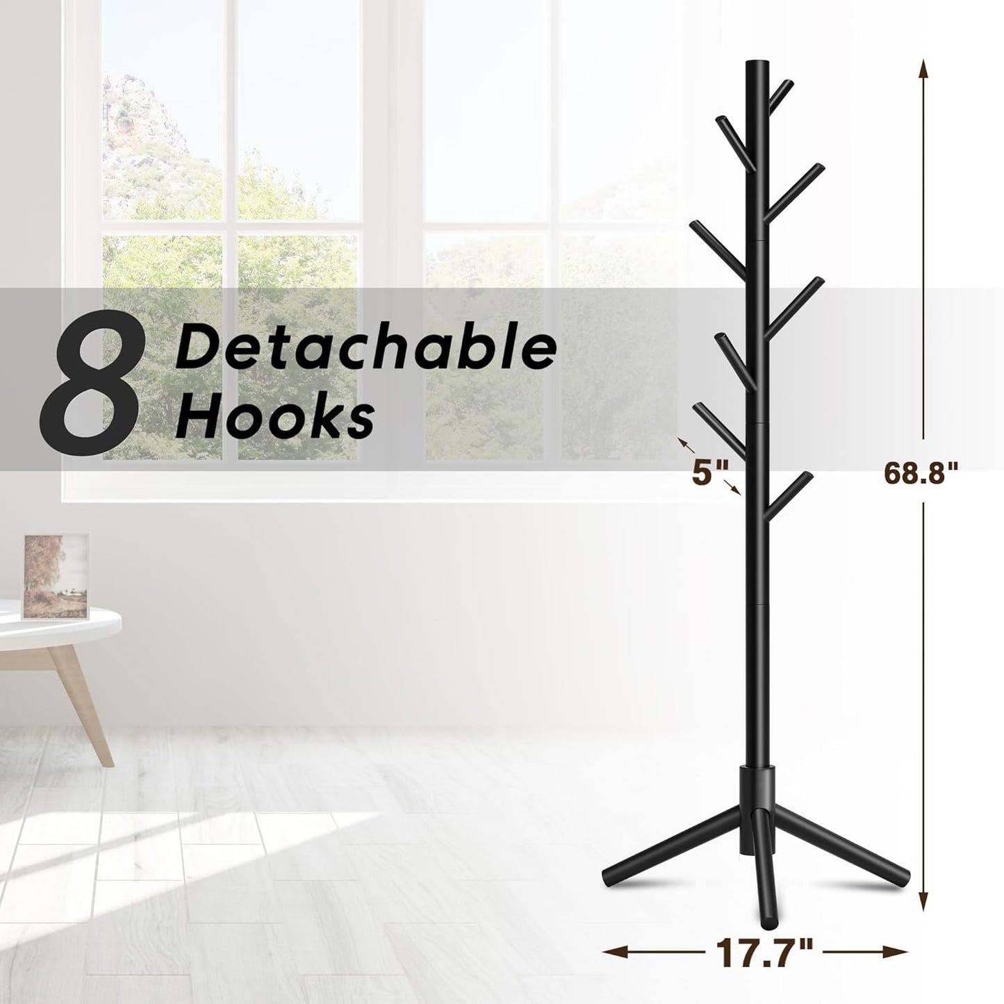 Wooden Coat Rack, Free Standing Coat Rack with 8 Hooks 3 Adjustable Heights for Clothes, Hats, Handbags, Coat Tree Easy Assembly for Entryway, Bedroom, Hallway, Office (New Black)