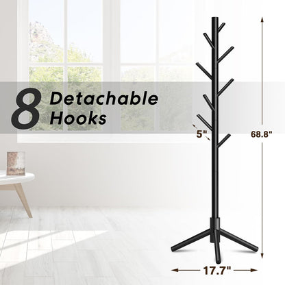Wooden Coat Rack, Free Standing Coat Rack with 8 Hooks 3 Adjustable Heights for Clothes, Hats, Handbags, Coat Tree Easy Assembly for Entryway, Bedroom, Hallway, Office (New Black)