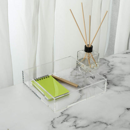 Clear Sturdy Acrylic Tray with Handles-8"x8"x2"H-Countertop Organizer Tray for Kitchen,Bathroom,Office- Storage Box for Cosmetics, Jewelry,Toiletries,Toy,Gadgets