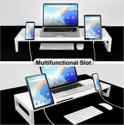 Dual Monitor Stand Riser – 28-Inch Computer Monitor Stand with Multifunctional Slot for 2 Monitors, Multi-Purpose Desktop Storage for Laptop, Printer, TV