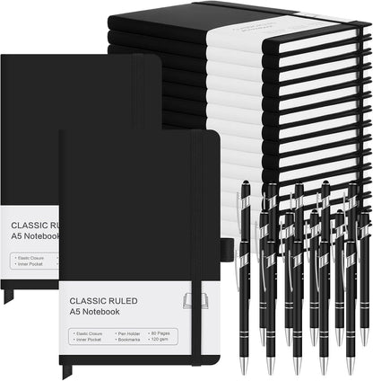15 Pack Journal Notebook Bulk A5 Hardcover Notebook Classic Journal Set with Pen Holder with 15 Pcs Pens for School Business Work Travel Writing (Black)