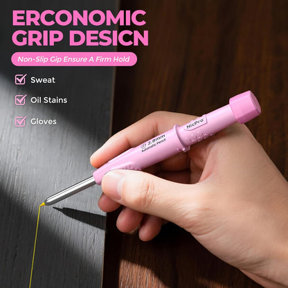 Nicpro CP3000 Carpenter Pencil with Sharpener, Construction Mechanical Pencils with 19 Refills, Heavy Duty Construction Pencil, Pink Woodworking Tools For Women, Great for Marking On Wood, Metal