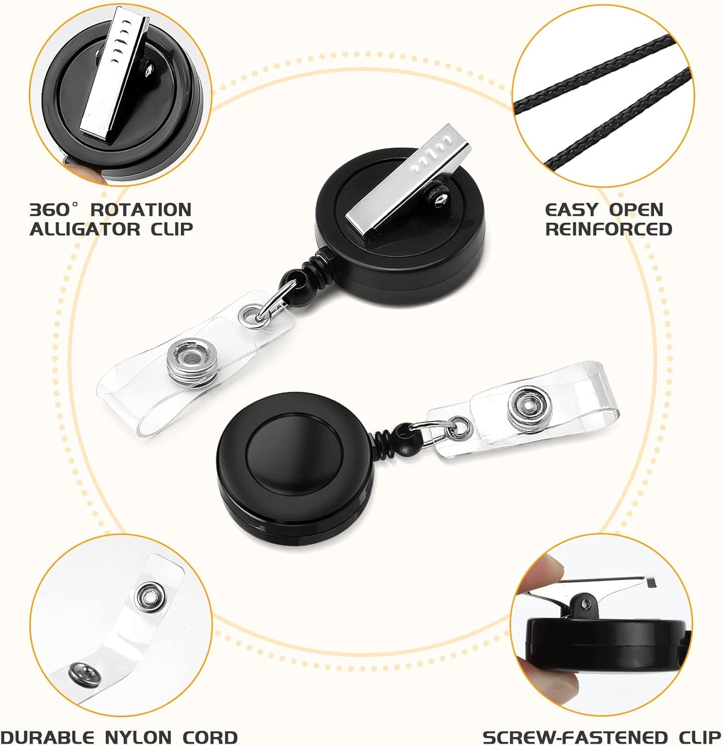 25 Pack Badge Reels Retractable with Swivel Alligator Clip Retractable Badge Holder Reels for Students, Teachers, Office Workers (Black)
