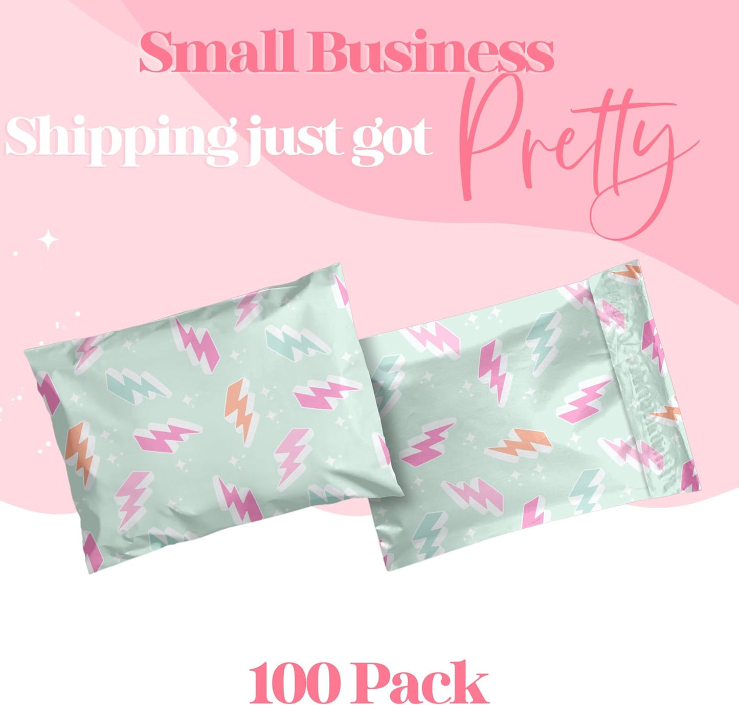 10x13 Designer Poly Mailer 100 Pack Heavy Duty Waterproof Self Seal Shipping Bags for Small Business Large Mailing Envelopes Bulk Tear Resistant Cute Packaging Lightning Bolt