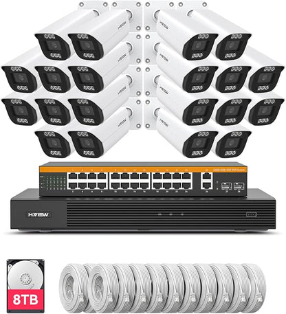 H.VIEW 32 Channel Security Camera System, 20pcs 8MP Wired IP Bullet PoE Cameras Outdoor, AI Human Detection, Built-in Mic, Remote Access, 4K 32CH NVR 8TB HDD for 24-7 Recording,Business CCTV