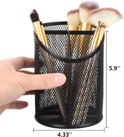 2 Pack Mesh Pencil Holder Pen Cup for Desk Round Black Pen Holder Desktop Pen Organizer 3 Compartments Pencil Organizer Desk Organizer for Office Home School