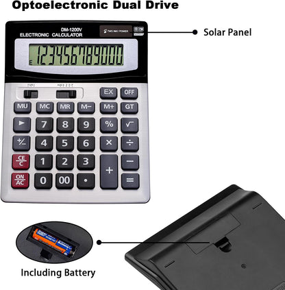 12 Digit Desktop Calculator with Large LCD Display and Sensitive Button, Dual Solar Power and Battery, Standard Function for Office (YE1200v)