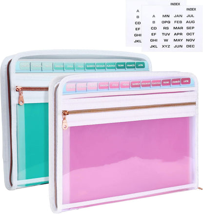MEGREZ Expanding File Folder with 13 Pockets, 2 Pack A4 Paper File Folder with Zipper Color Labels, Waterproof Accordion File Folder Organizer for Home Office, Green & Pink
